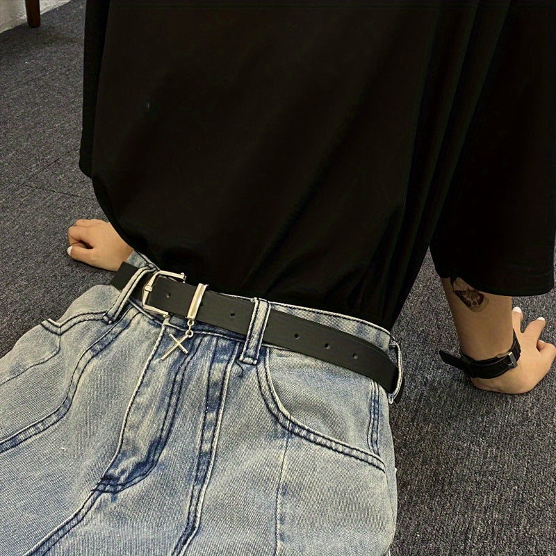 Unisex PU Leather Belt Gothic Metal Cross Pendant Pin Buckle Jeans Belts Casual Black Pants Waistband For Men Women