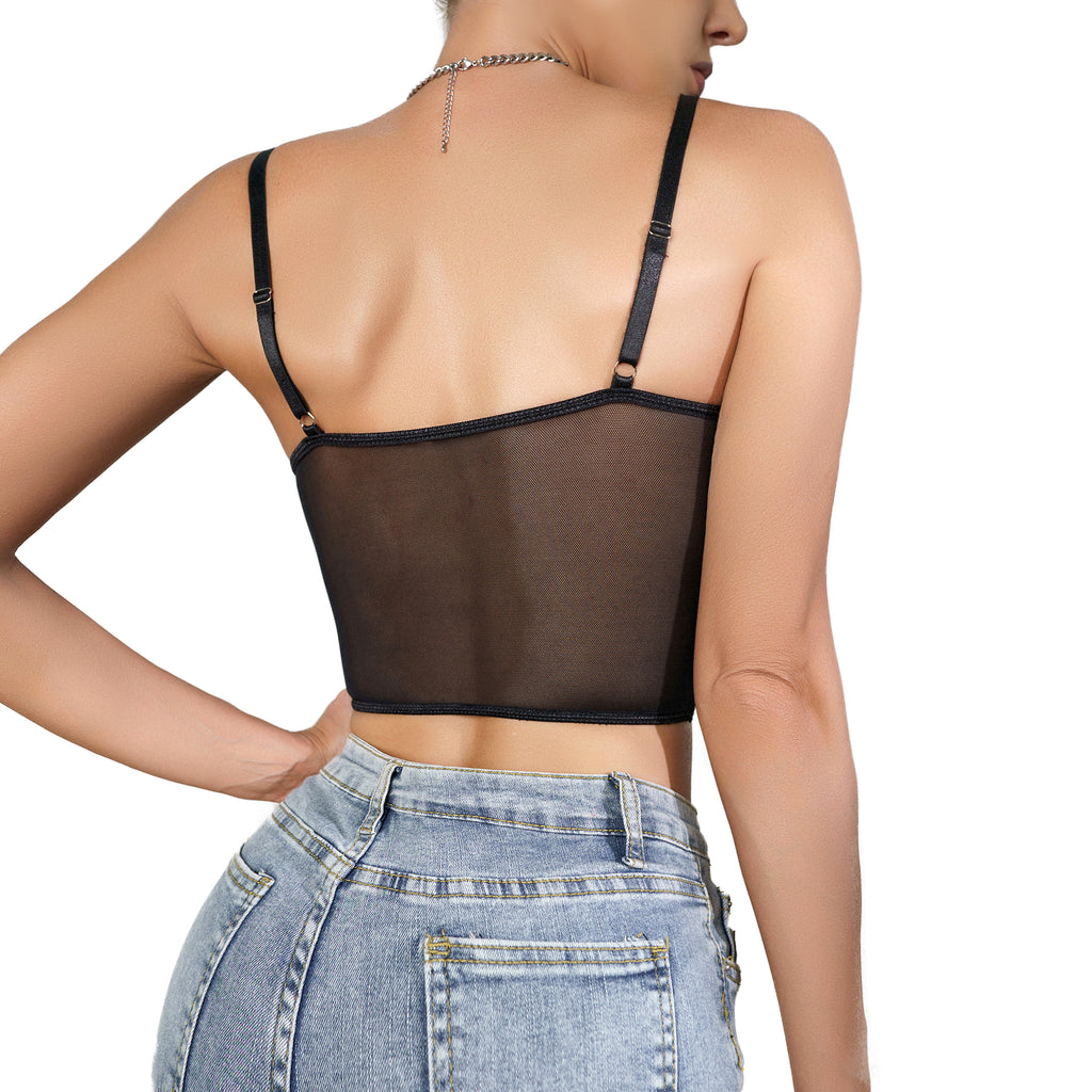 Cross-border Foreign Trade New European and American Vintage Lace Fishbone Steel Ring Niche Design Hollow-out See-through V-neck Sexy Hot Style Camisole Lingerie