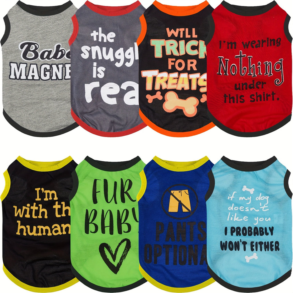 [Funny Dog Shirts] PAIAITE 8pcs Funny Dog Shirts - Soft Breathable Pet Outfits with "The Snuggles Are Real", "I'm Wearing Treats Under This Shirt", "Fur Friend" - Easy Slip-On Summer Apparel for Small Dogs & Cats in Grey/Blac
