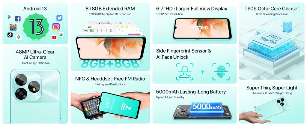 UMIDIGI A15C 8GB RAM+128GB ROM Android 13 NFC Unlocked Cell Phone 48MP Ultra-Clear AI Camera Mobile Phone 5000mAh Battery Smartphone 6.7" HD Full View Display Dual Unlock Phone.