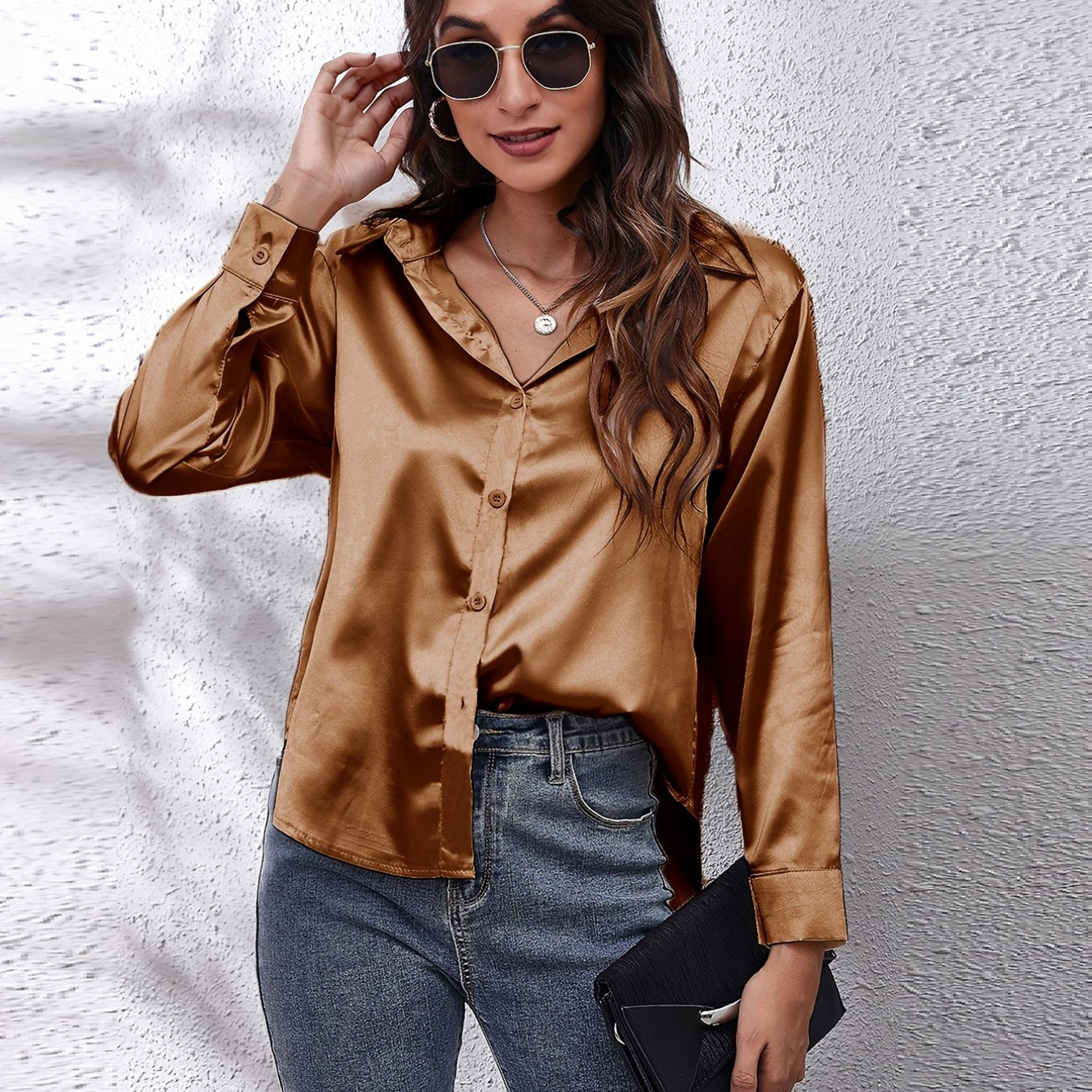 Hot Style In-Kind Shooting Satin Shirt Women'S Satin Imitation Long-Sleeved Shirt New European And American Cross-Border Women'S Clothing