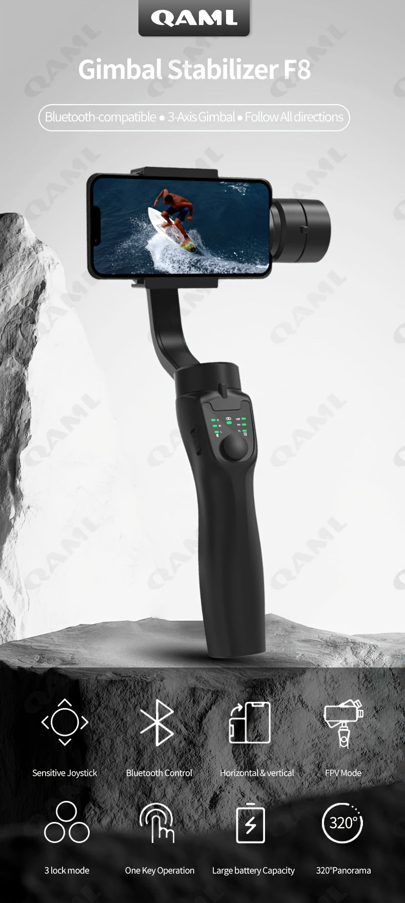QAML F8 Handheld 3-As Gimbalfoonhouer Anti-skud Video-opname Stabiliseerder vir Xiaomi iPhone Selfoon Slimfoon