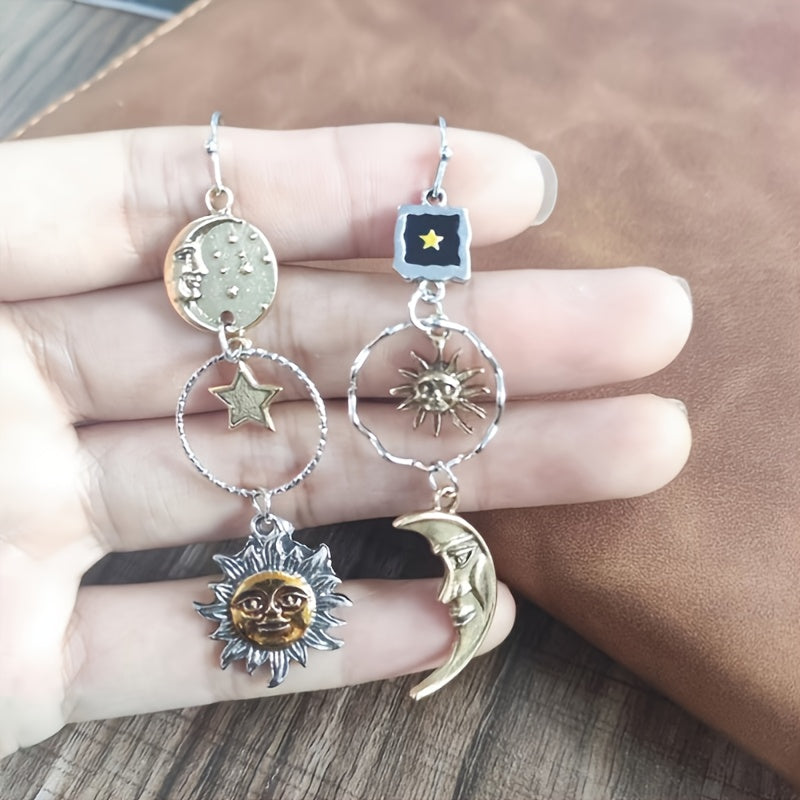 Boho-Chic Sun and Moon Asymmetrical Dangle Earrings for Women – Vintage Alloy Jewelry with Intricate Celestial Design, Perfect for Casual Attire or, Everyday Jewelry | Vintage Aesthetic | Alloy Construction