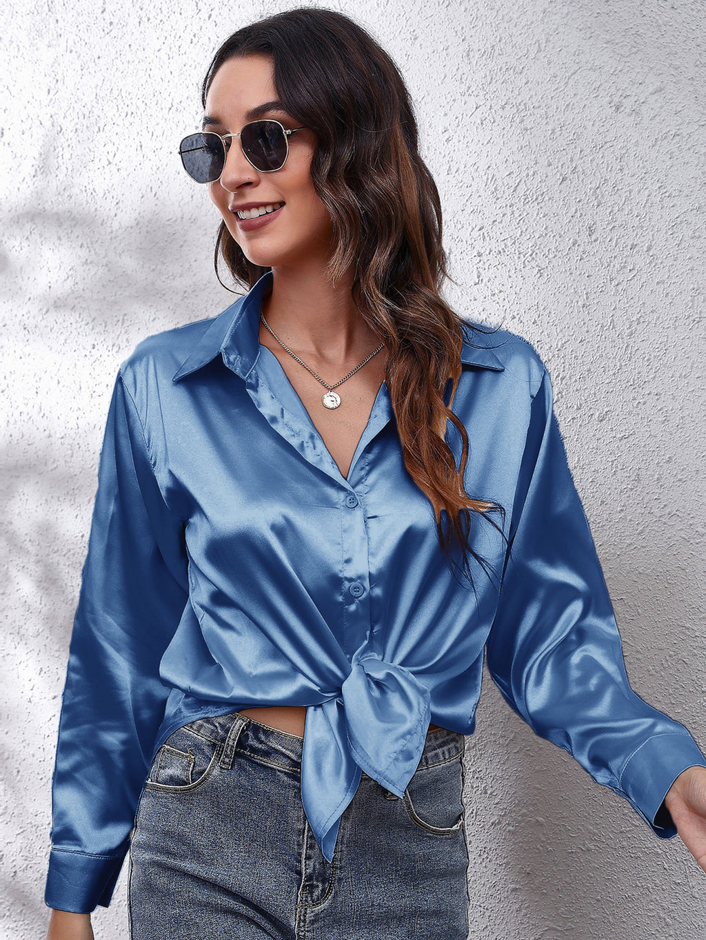 Hot Style In-Kind Shooting Satin Shirt Women'S Satin Imitation Long-Sleeved Shirt New European And American Cross-Border Women'S Clothing
