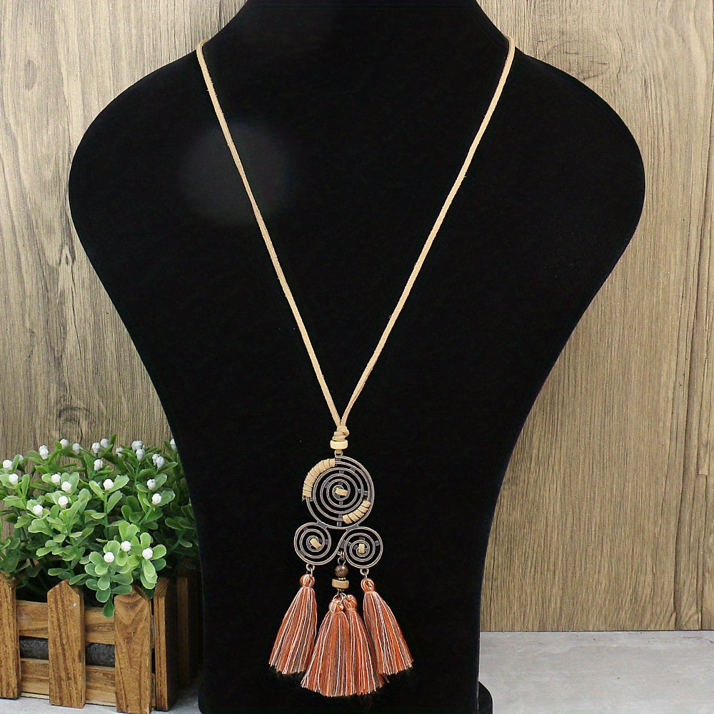 3pcs Ethnic Style Women's Fashion Pendant Necklace Set with Floral Tassel Pendant, Bronze Enamel Drip Zinc Alloy with Glass Rhinestone Inlay, Vintage Necklace