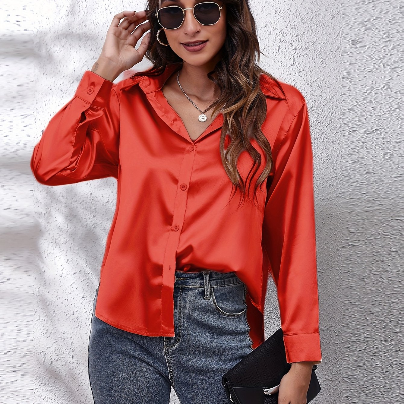 Hot Style In-Kind Shooting Satin Shirt Women'S Satin Imitation Long-Sleeved Shirt New European And American Cross-Border Women'S Clothing