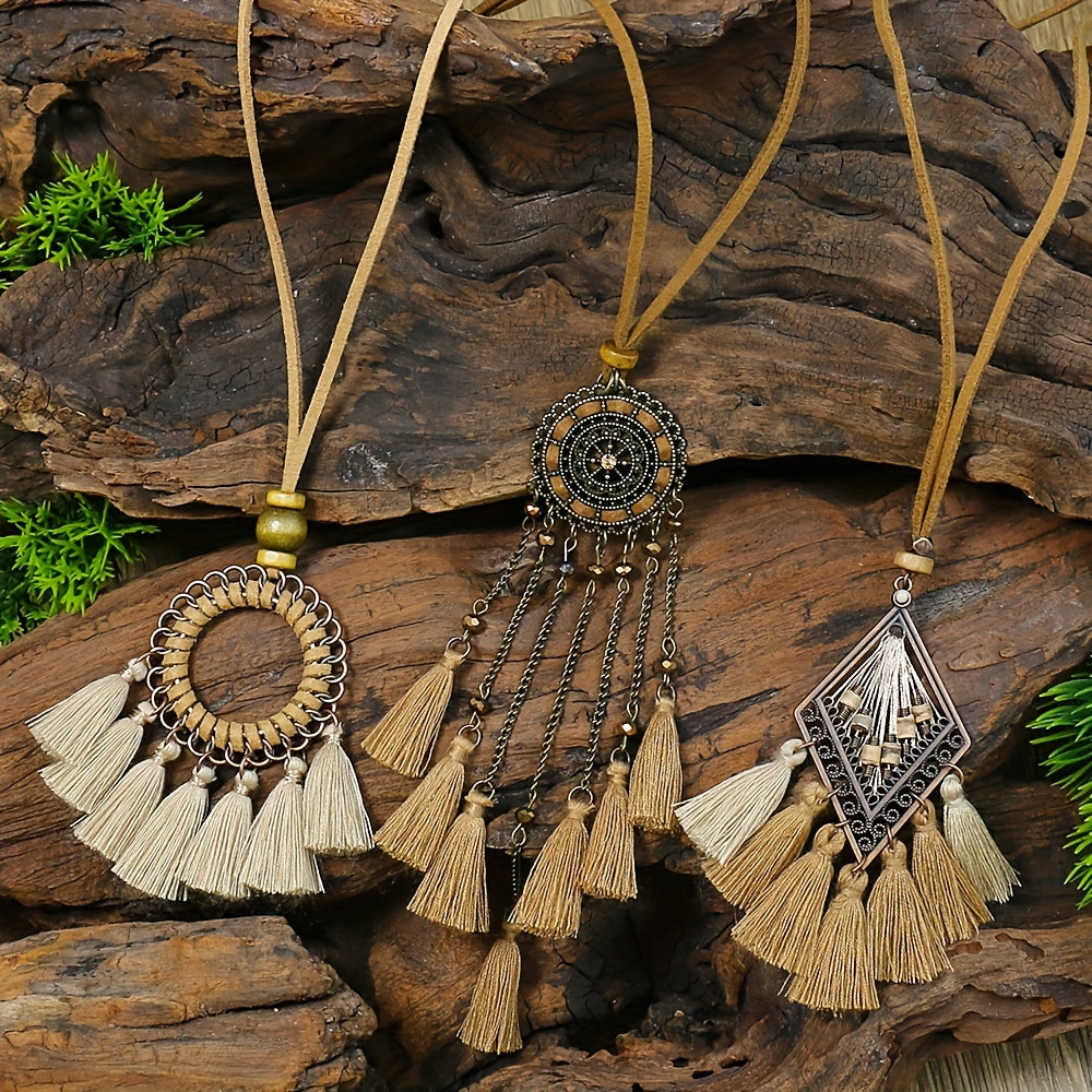 3pcs Ethnic Style Women's Fashion Pendant Necklace Set with Floral Tassel Pendant, Bronze Enamel Drip Zinc Alloy with Glass Rhinestone Inlay, Vintage Necklace