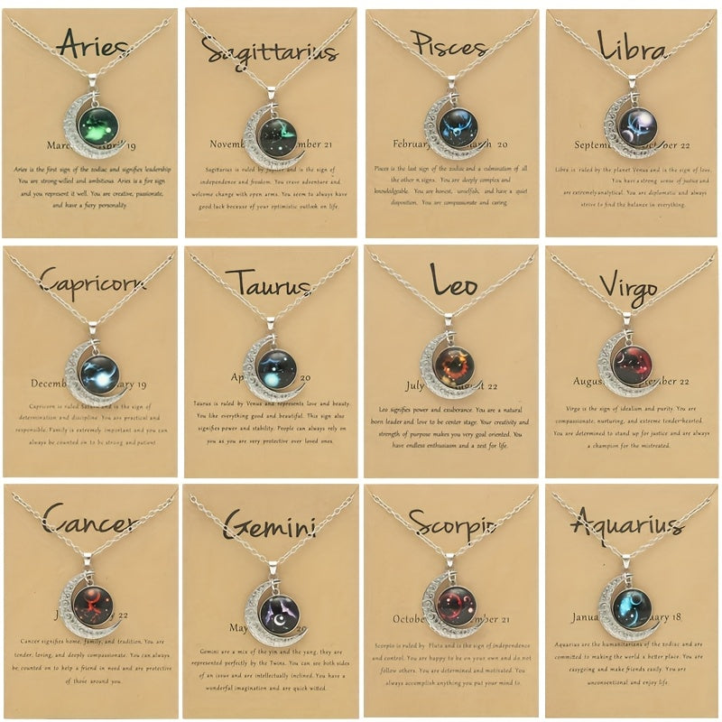 Glow-in-the-Dark Zodiac Necklace with Vintage Moon Pendant - Stylish Aquarius/Sagittarius/Leo/Leprechaun/Night & Sun Signs, Colorful Glass Charms, Zinc Alloy, Perfect Gift for Men