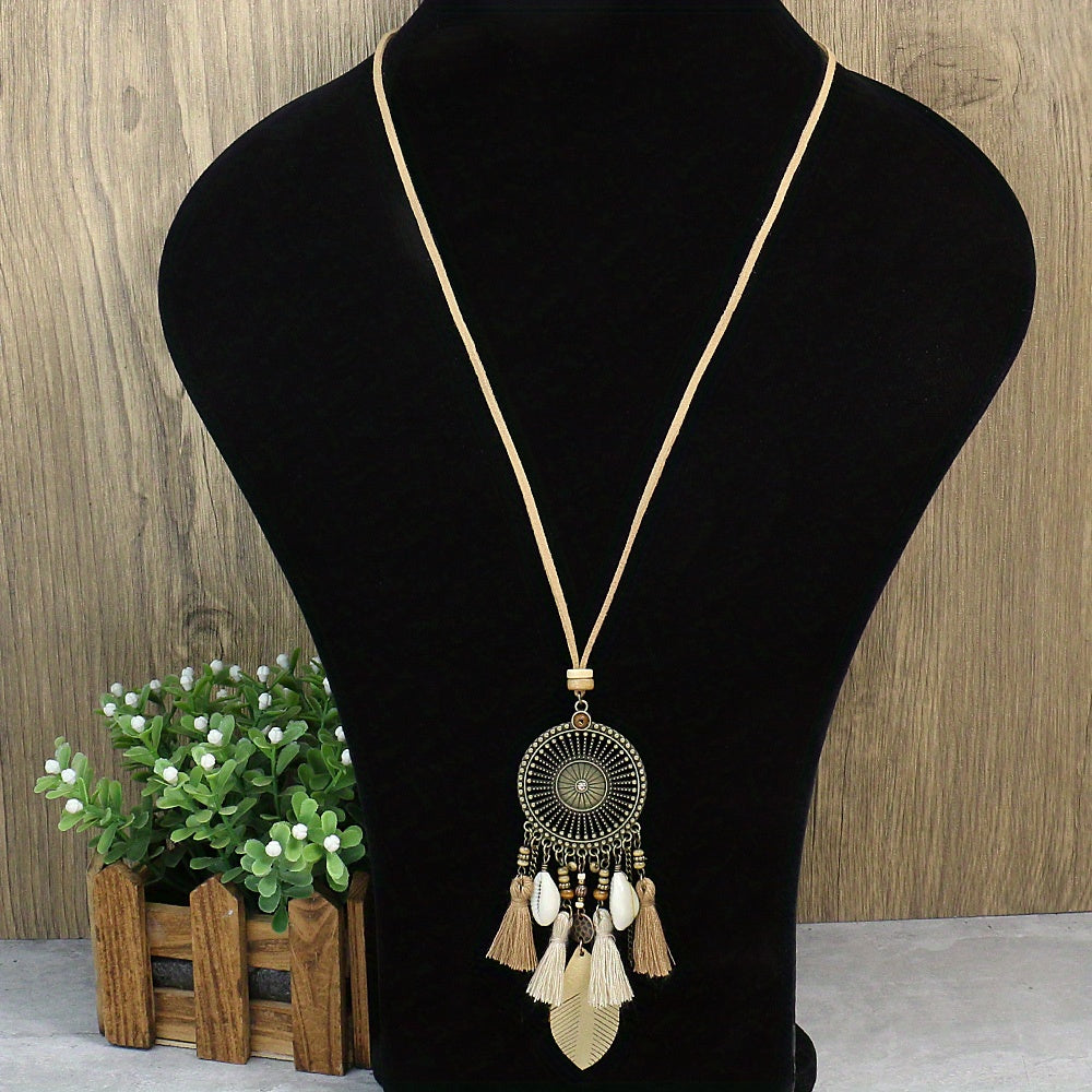 3pcs Ethnic Style Women's Fashion Pendant Necklace Set with Floral Tassel Pendant, Bronze Enamel Drip Zinc Alloy with Glass Rhinestone Inlay, Vintage Necklace