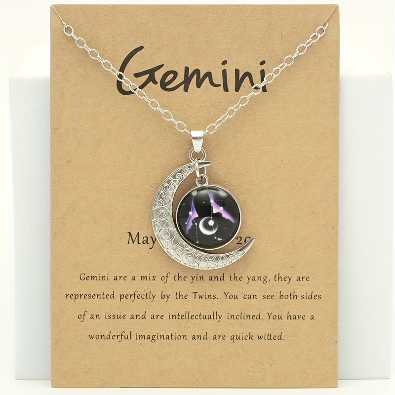 Glow-in-the-Dark Zodiac Necklace with Vintage Moon Pendant - Stylish Aquarius/Sagittarius/Leo/Leprechaun/Night & Sun Signs, Colorful Glass Charms, Zinc Alloy, Perfect Gift for Men