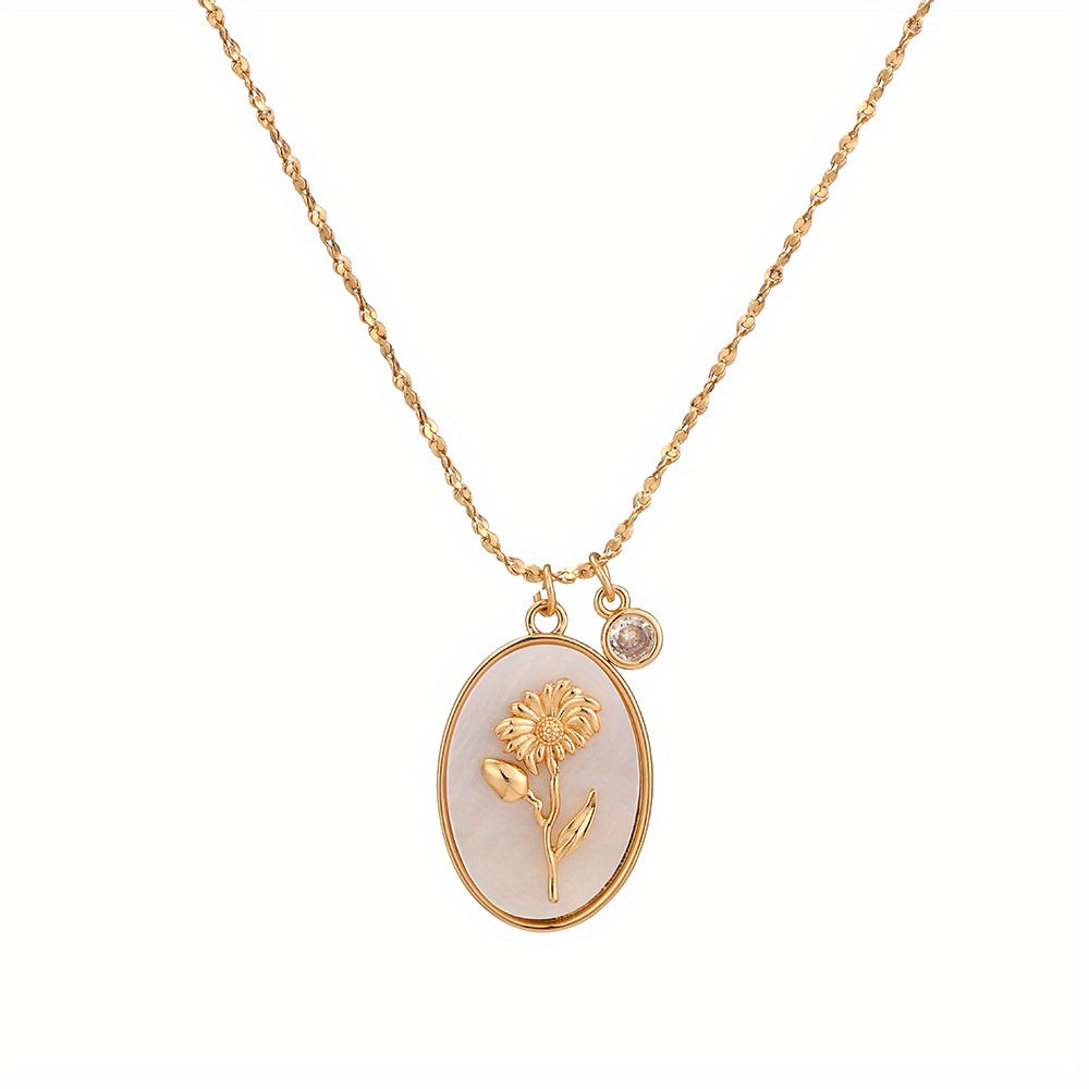 A Three-Dimensional Oval-Shaped Pendant Necklace Made of Golden with a Birthstone And White Mother-Of-Pearl, Featuring a December Flower Design