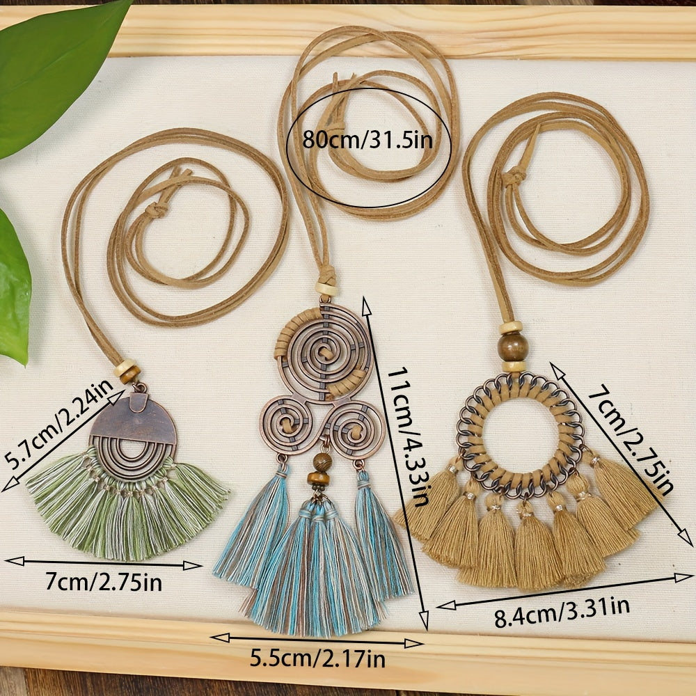 3pcs Ethnic Style Women's Fashion Pendant Necklace Set with Floral Tassel Pendant, Bronze Enamel Drip Zinc Alloy with Glass Rhinestone Inlay, Vintage Necklace