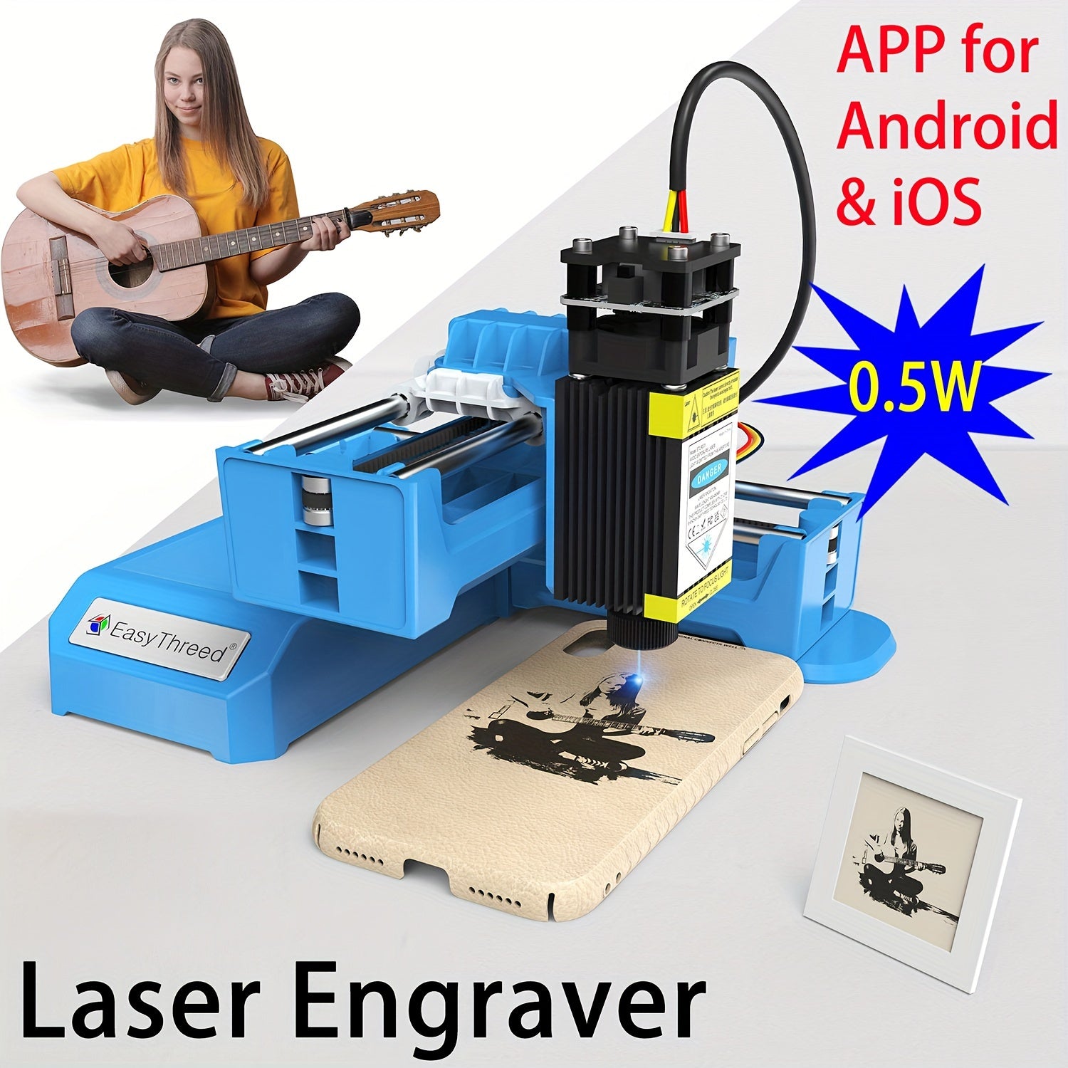 EasyThreed 0,5W Lasergravierer für Anfänger, DIY-Gravurbereich 100x100mm, kabellose Smartphone-Konnektivität, APP-Steuerung für iOS & Android, Kunststoffmaterial, 110V/220V Stromversorgung, US-Stecker, elektronische Komponenten enthalten