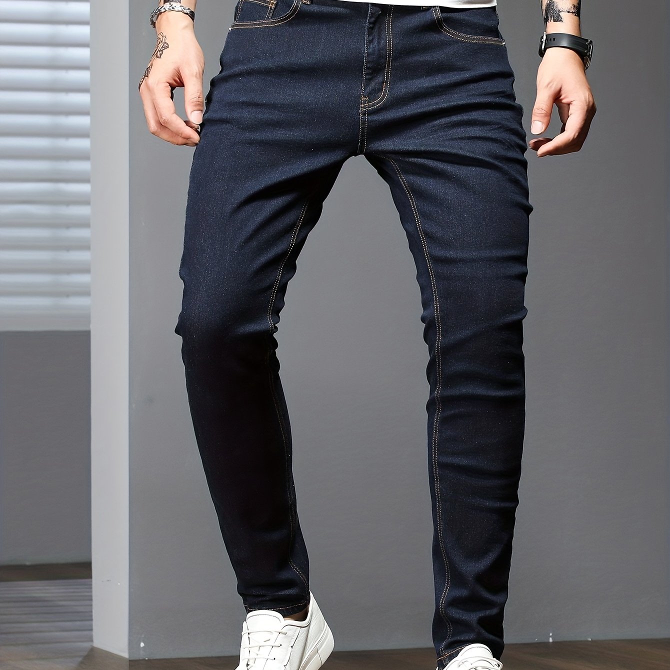 Mid Stretch Slim Fit Jeans, Men's Casual Street Style Contrast Stitching Denim Pants For Spring Summer