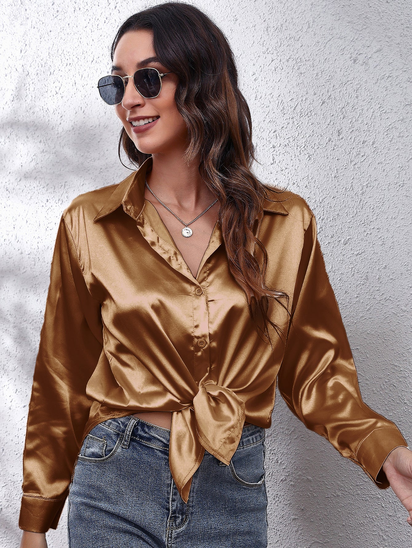 Hot Style In-Kind Shooting Satin Shirt Women'S Satin Imitation Long-Sleeved Shirt New European And American Cross-Border Women'S Clothing