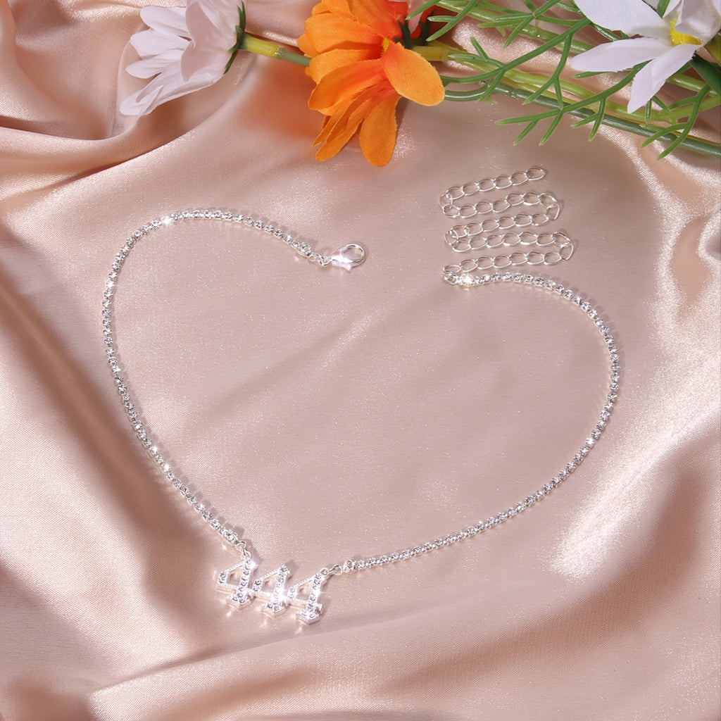 444 Angel Number Rhinestone Necklace - Silver Plated Zinc Alloy with Sparkling Stones, Daily & Party Occasion, Everyday Jewelry | Angelic Design | Rhinestone Chain, Angel Jewelry