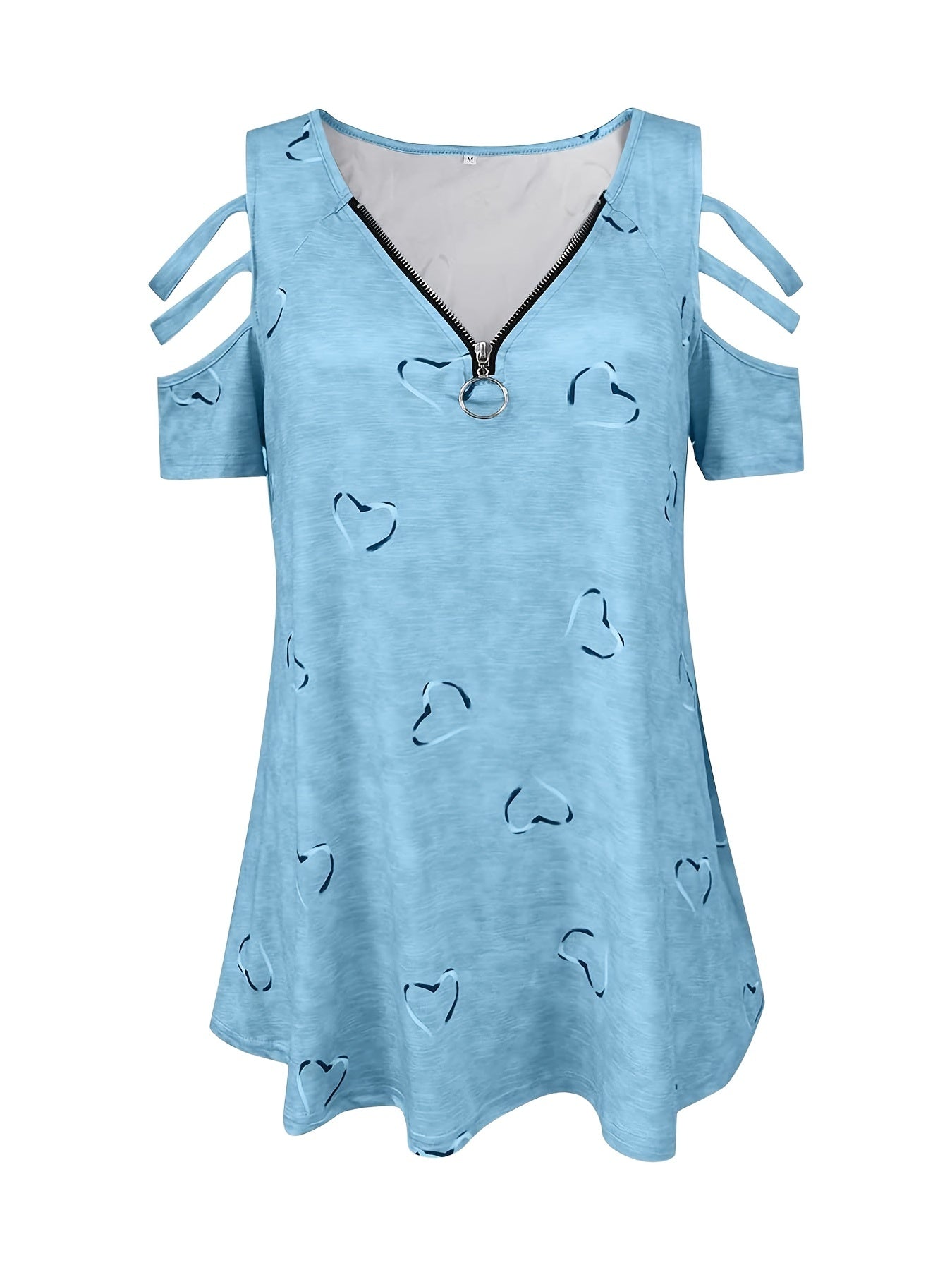 Plus Size, 2021 European and American Cross-Border Wish Women's Fashion V-Neck Zipper Print Short Sleeve Loose Casual T-Shirt Women's Top