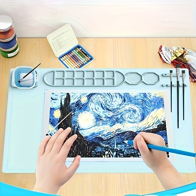 [Non-Stick Craft Mat] Non-Stick 19.6x15.7 Inch Silicone Craft Mat with Collapsible Cup | Large Sky Blue Art Mat, Foldable High Quality Design, Measurement Markings & Multi-Well Palette for Painting, Sculpting, Resin & Hot Glu