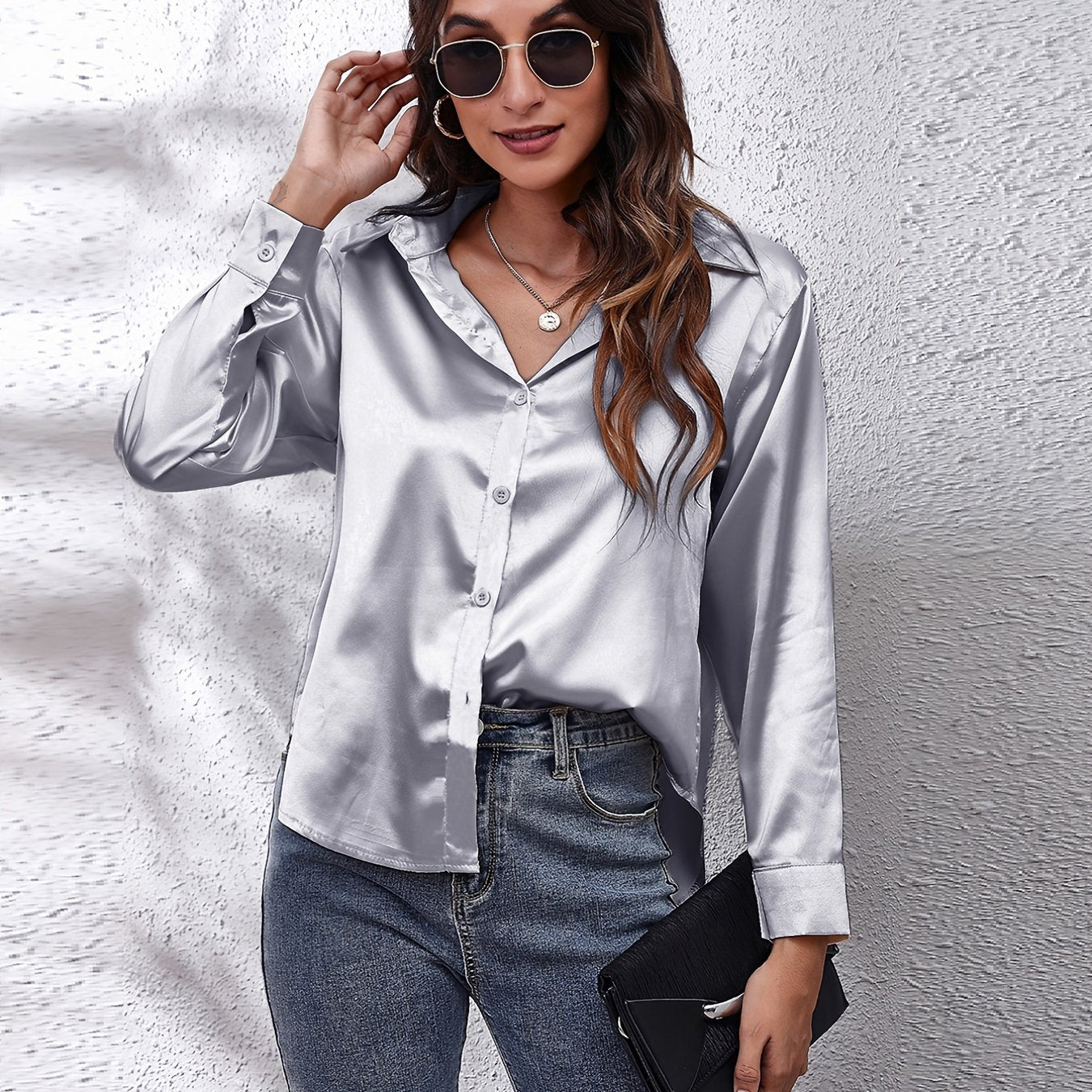 Hot Style In-Kind Shooting Satin Shirt Women'S Satin Imitation Long-Sleeved Shirt New European And American Cross-Border Women'S Clothing