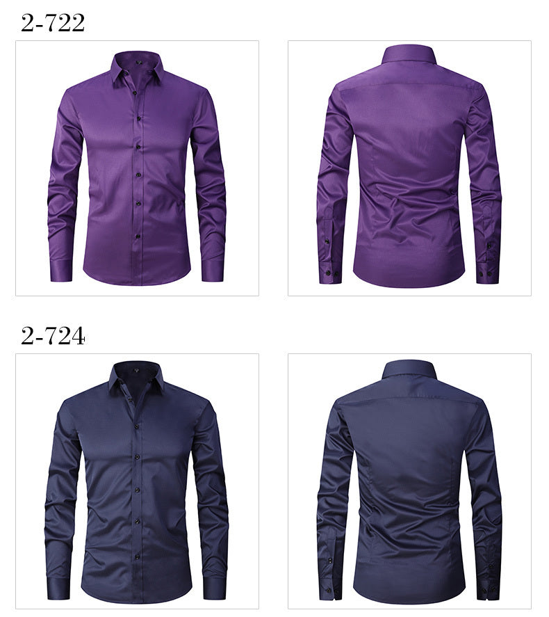 Men'S Stretch Slim-Fit Formal Shirt Without Pockets, Light Business Turn- Collar Long-Sleeved Shirt, Men'S Business Shirt, Wrinkle-Resistant And Durable Solid Color Formal Long-Sleeved Shirt with Buttons And Pockets, Suitable