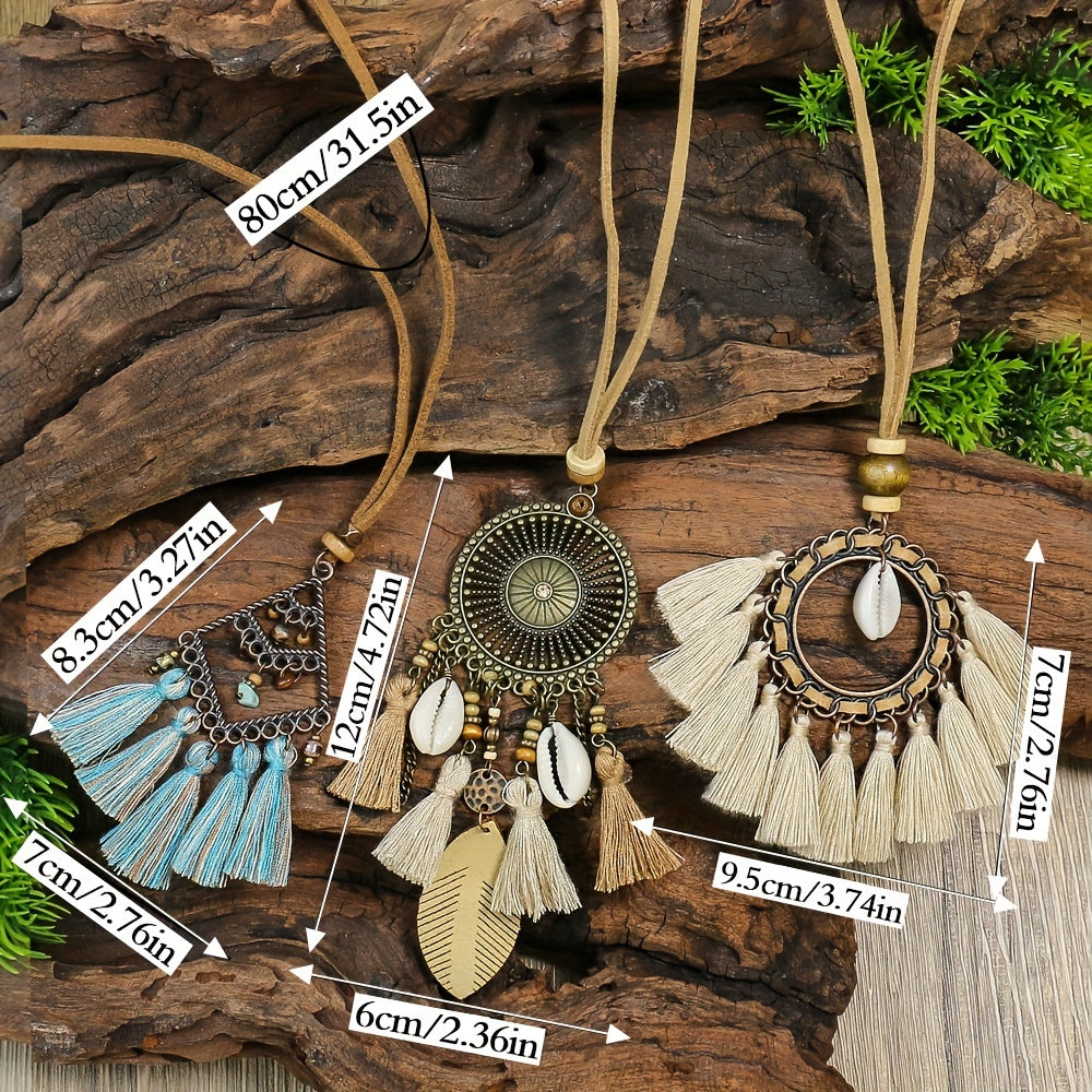 3pcs Ethnic Style Women's Fashion Pendant Necklace Set with Floral Tassel Pendant, Bronze Enamel Drip Zinc Alloy with Glass Rhinestone Inlay, Vintage Necklace