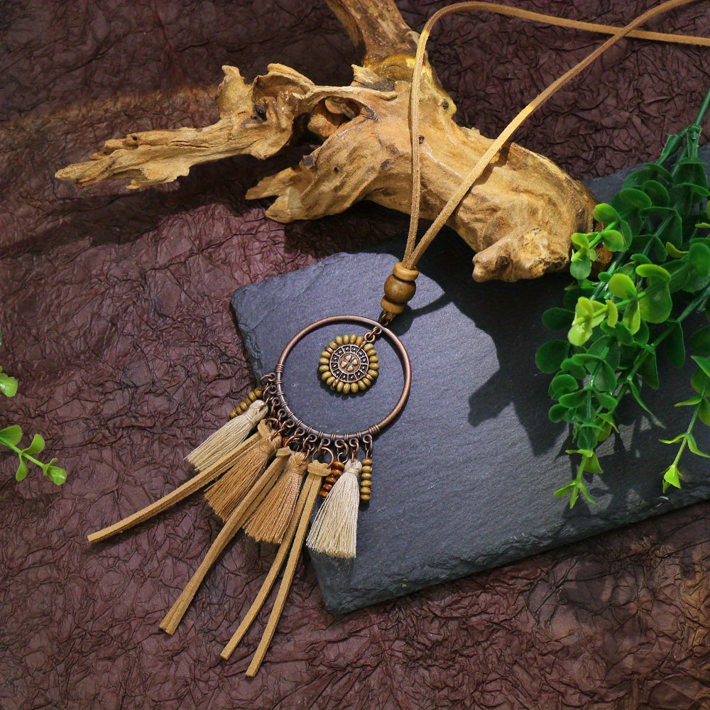 3pcs Ethnic Style Women's Fashion Pendant Necklace Set with Floral Tassel Pendant, Bronze Enamel Drip Zinc Alloy with Glass Rhinestone Inlay, Vintage Necklace