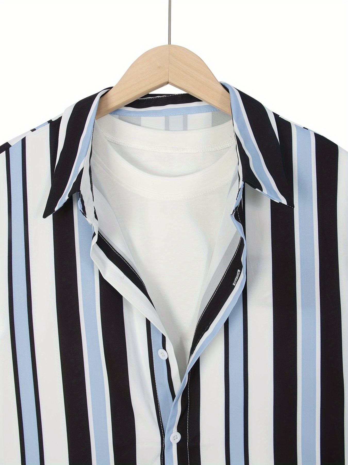 Vertical Striped Pattern Print, Men's 2Pcs Outfits, Casual Lapel Button Up Short Sleeve Shirts Shirt And Drawstring Shorts Set For Summer, Men's Clothing