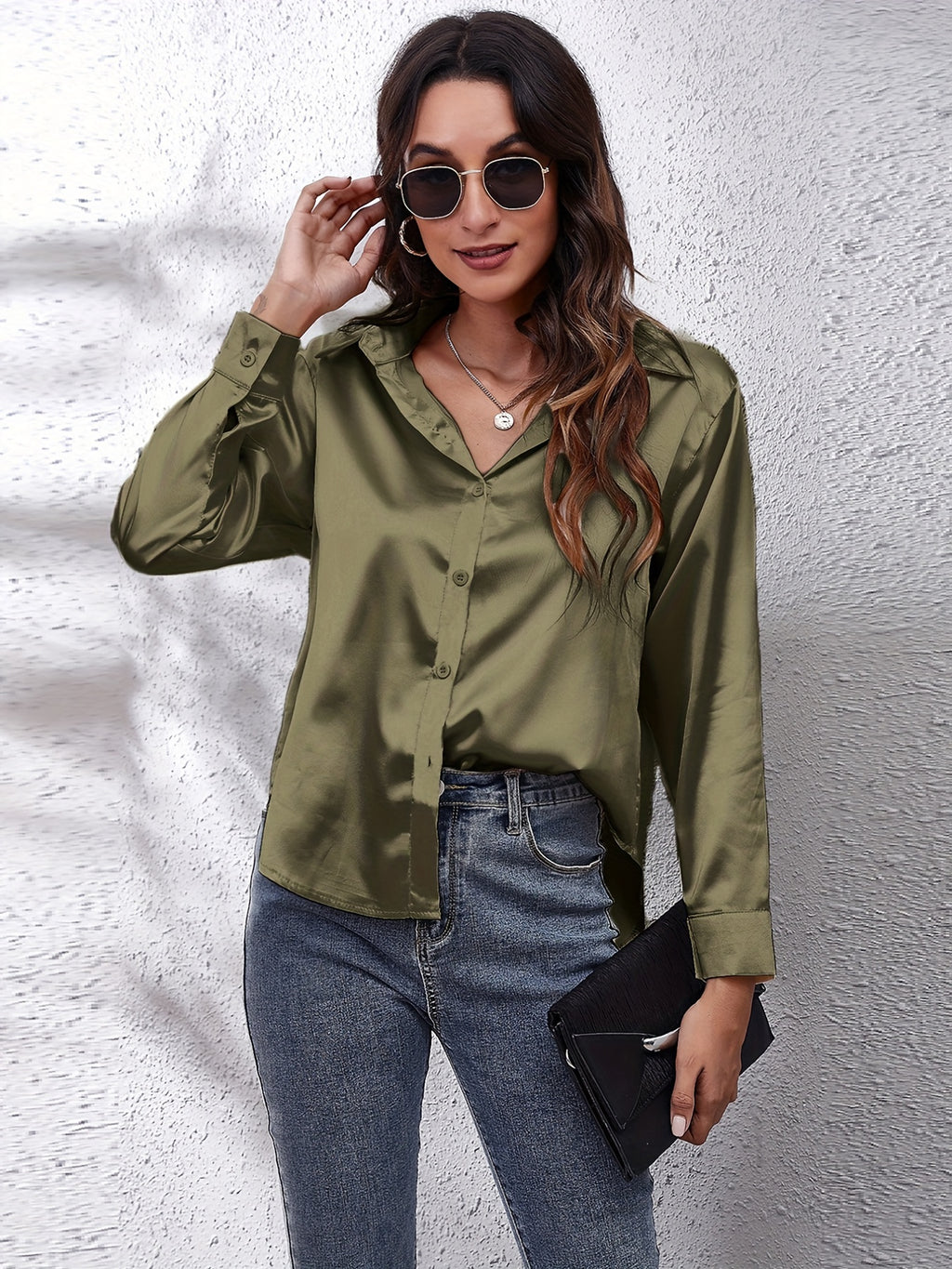Hot Style In-Kind Shooting Satin Shirt Women'S Satin Imitation Long-Sleeved Shirt New European And American Cross-Border Women'S Clothing