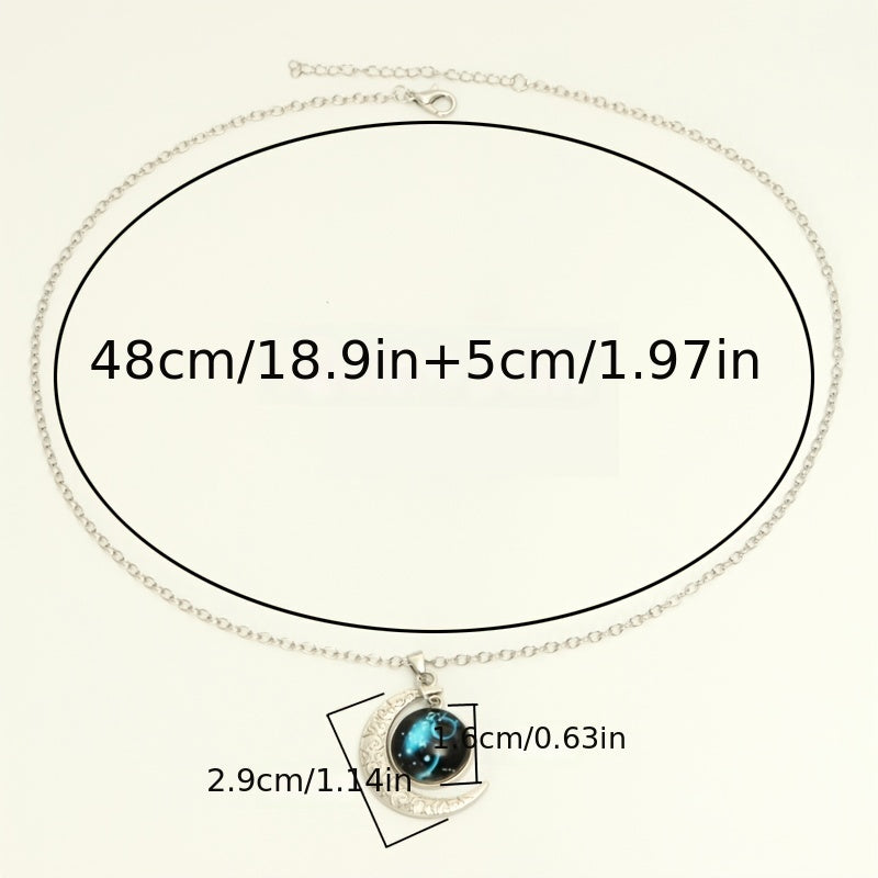 Glow-in-the-Dark Zodiac Necklace with Vintage Moon Pendant - Stylish Aquarius/Sagittarius/Leo/Leprechaun/Night & Sun Signs, Colorful Glass Charms, Zinc Alloy, Perfect Gift for Men