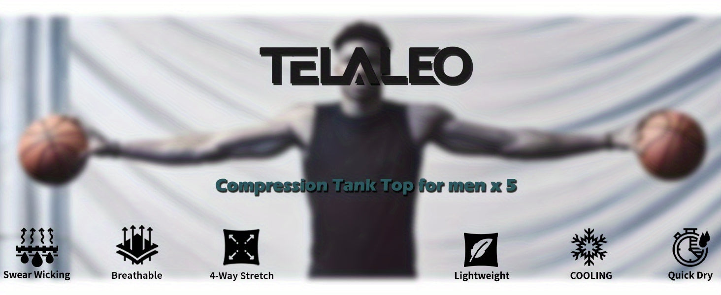 [5-Pack Athletic Shirts] TELALEO 5-Pack Men's Athletic Compression Shirts | Sleeveless Workout Tank Tops for Running, Basketball & Outdoor Activities, Breathable & Supportive Design, Black, White, Red, Blue