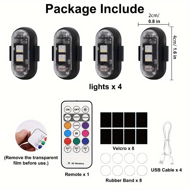 4/6pcs 8-Color High-Brightness Wireless LED Strip Lights with Remote Control, USB Charging, Anti-Collision Lighting for Drones, Aircraft, Motorcycles, and Bikes