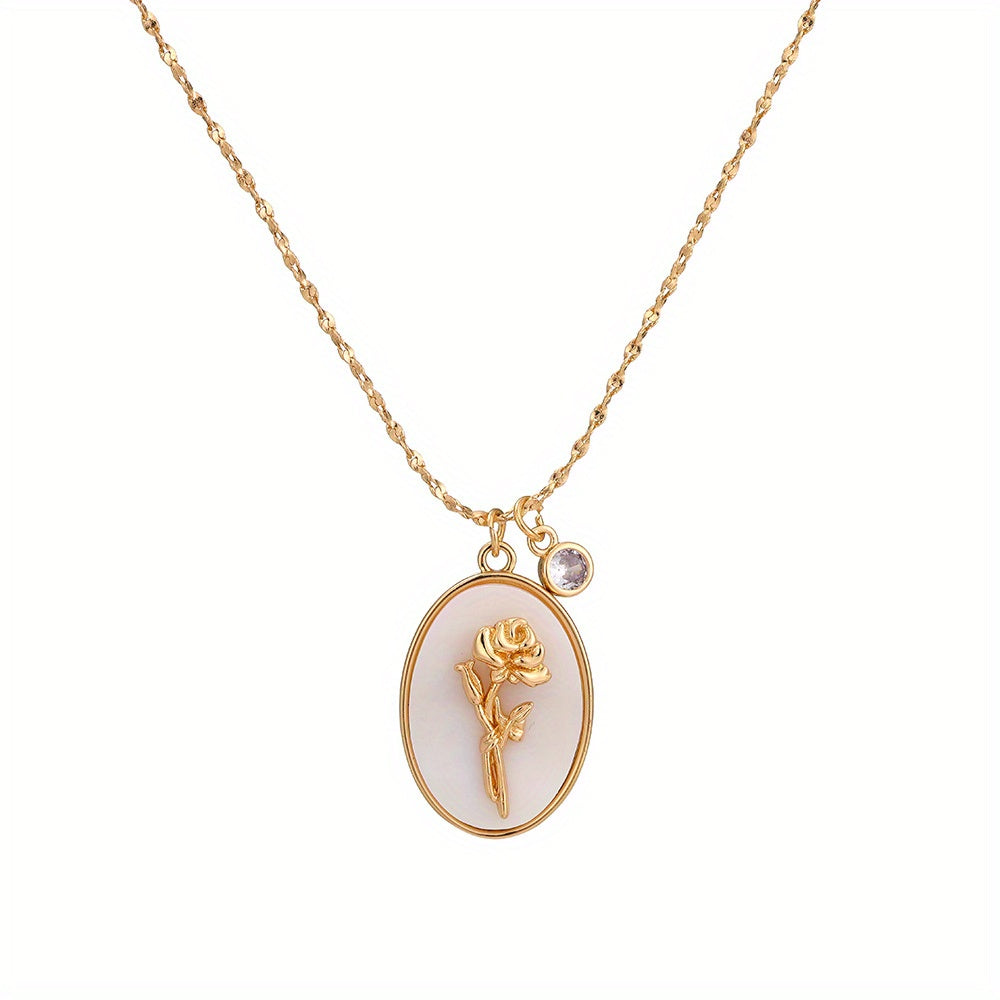 A Three-Dimensional Oval-Shaped Pendant Necklace Made of Golden with a Birthstone And White Mother-Of-Pearl, Featuring a December Flower Design