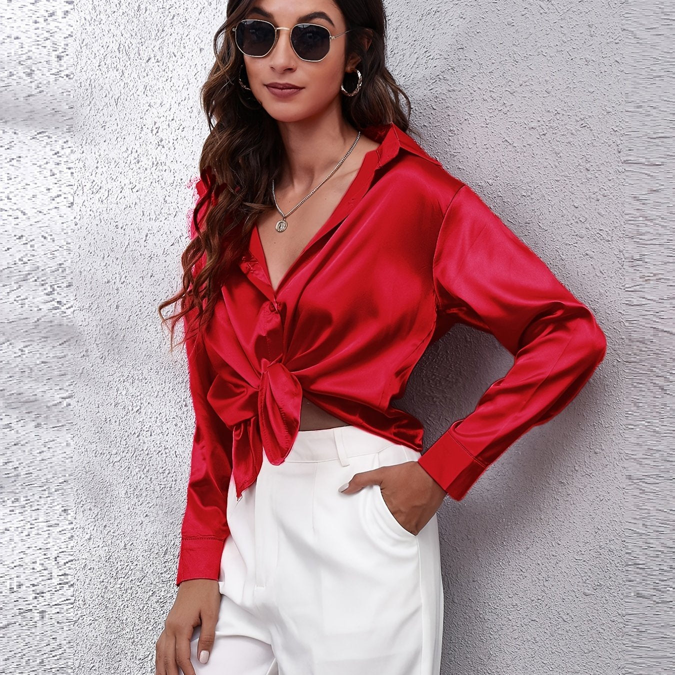 Hot Style In-Kind Shooting Satin Shirt Women'S Satin Imitation Long-Sleeved Shirt New European And American Cross-Border Women'S Clothing