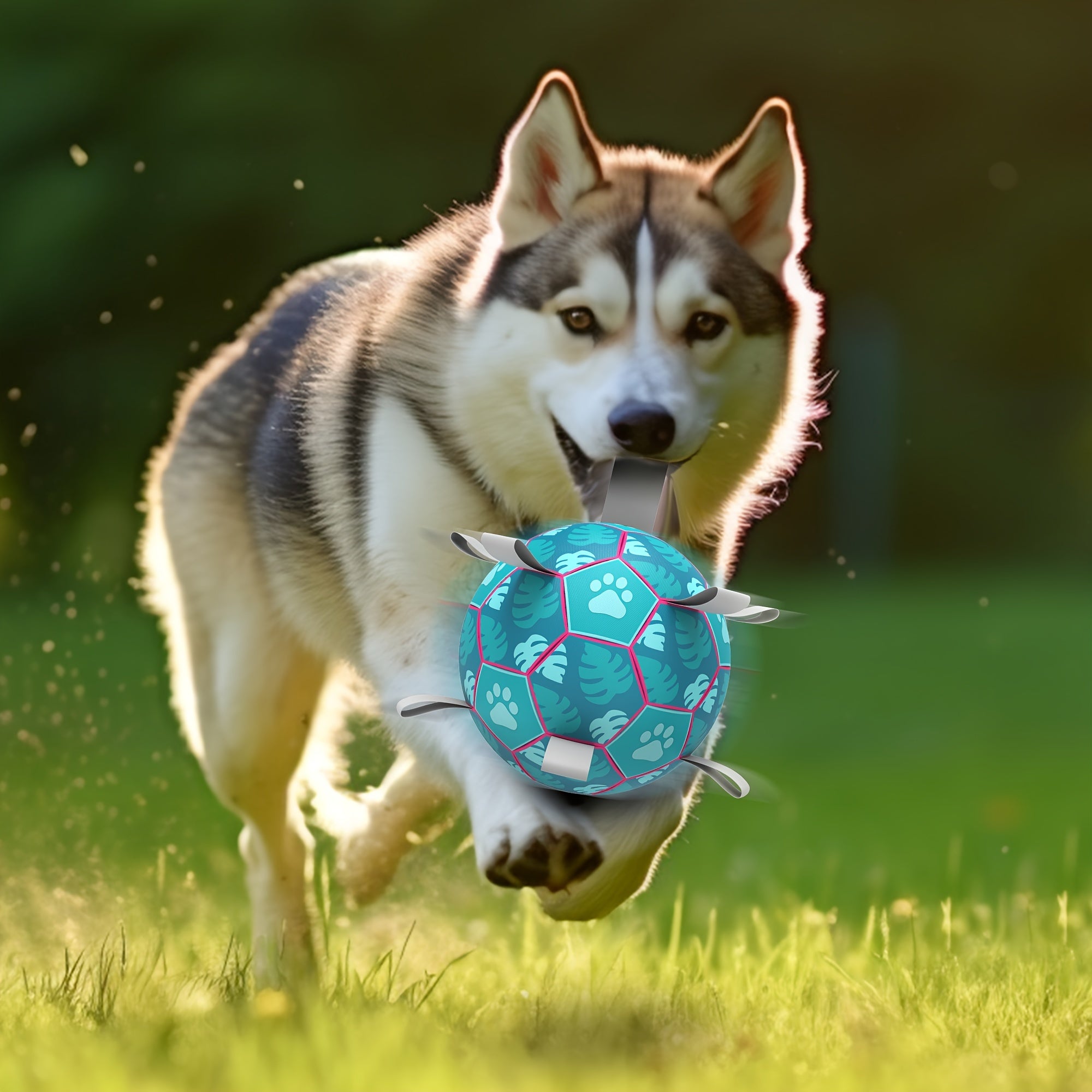 [Interactive Football Dog Toys] Durable Lake Blue Dog Toys Soccer Balls with Straps | Interactive Football for Tug of War | Indoor/Outdoor Puppy Toy for Small/Medium Breed