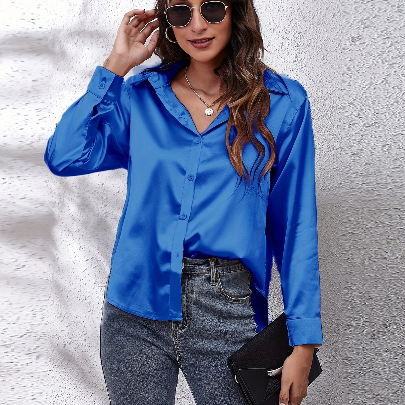 Hot Style In-Kind Shooting Satin Shirt Women'S Satin Imitation Long-Sleeved Shirt New European And American Cross-Border Women'S Clothing