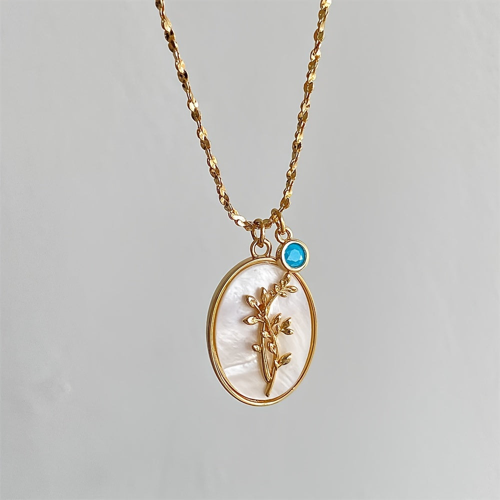 A Three-Dimensional Oval-Shaped Pendant Necklace Made of Golden with a Birthstone And White Mother-Of-Pearl, Featuring a December Flower Design