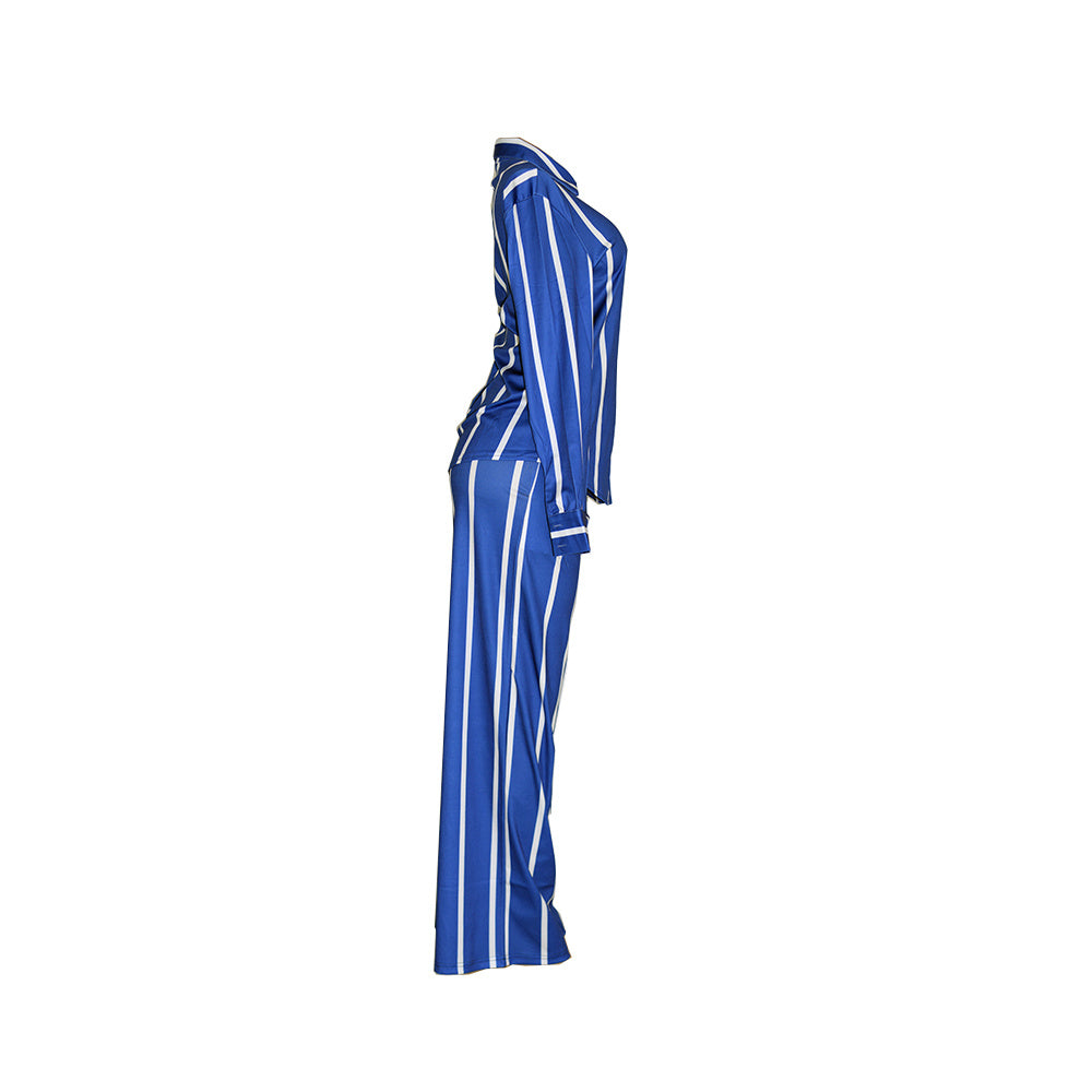 Women's Striped Print Two-piece Set - Button Front Collar Long Sleeve Shirt & High Waist Wide Leg Loose Pants Set - Casual Style - For Women - Perfect for Everyday Wear & Loungewear - Great Gift for Fashionable Women