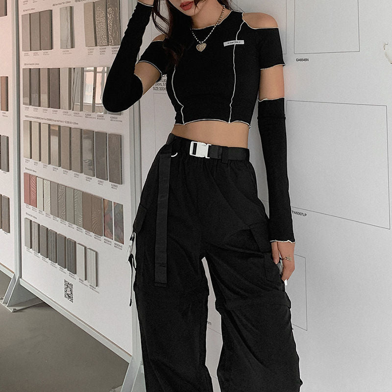 Summer Stylish Short Fitted T-Shirt for Women with a Round Neck, Hollow Design, And Long Sleeves, Perfect for Street Photography