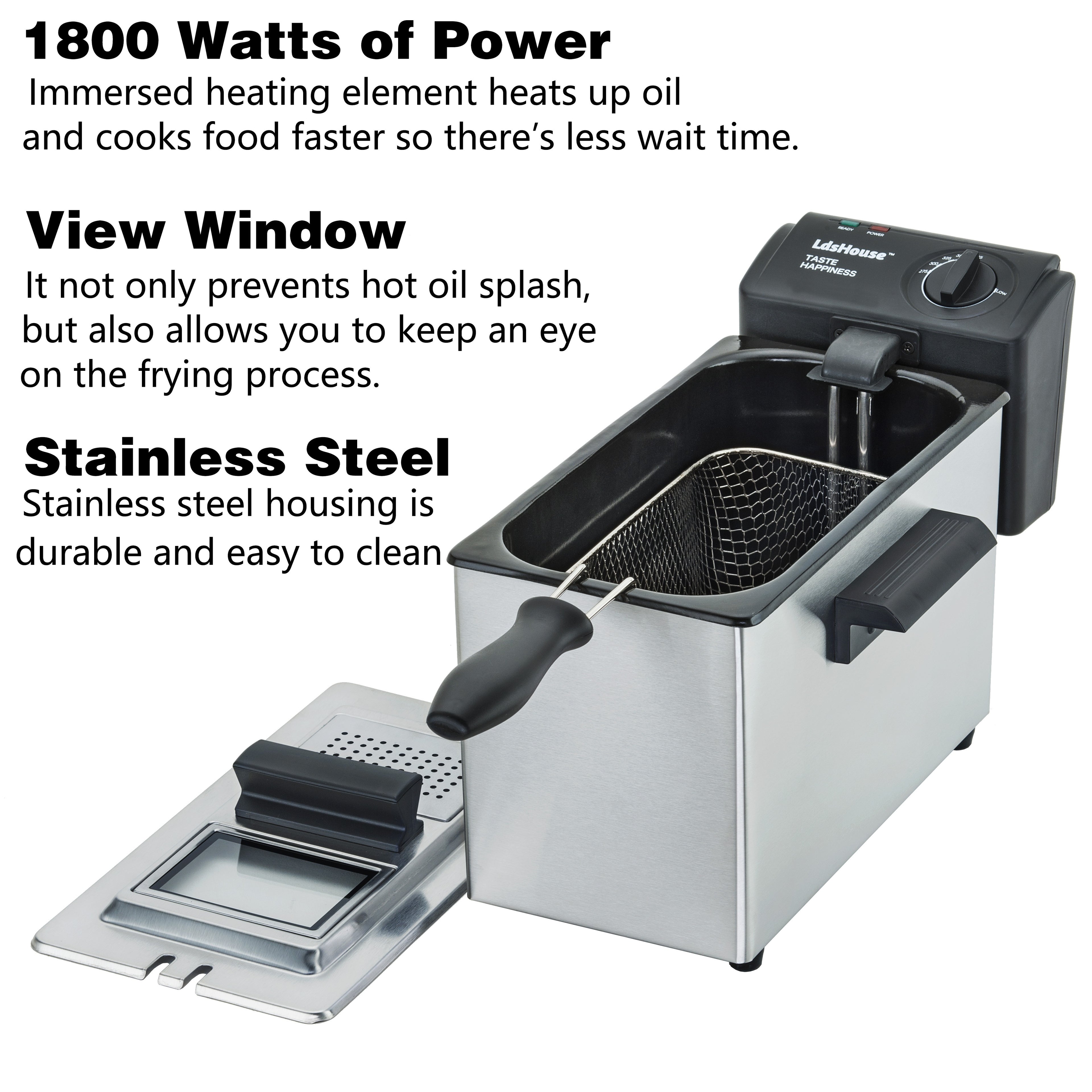 Ldshouse Professional Grade Electric Deep Fryer with Basket & Removable Lid with View Window, 1800 Watts, 9 Cups / 3.5 Liters Oil Capacity, Stainless Steel for Home Cooking