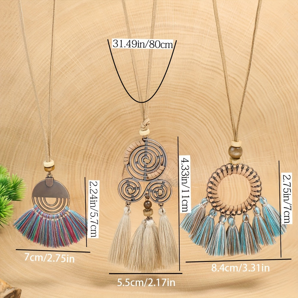 3pcs Ethnic Style Women's Fashion Pendant Necklace Set with Floral Tassel Pendant, Bronze Enamel Drip Zinc Alloy with Glass Rhinestone Inlay, Vintage Necklace