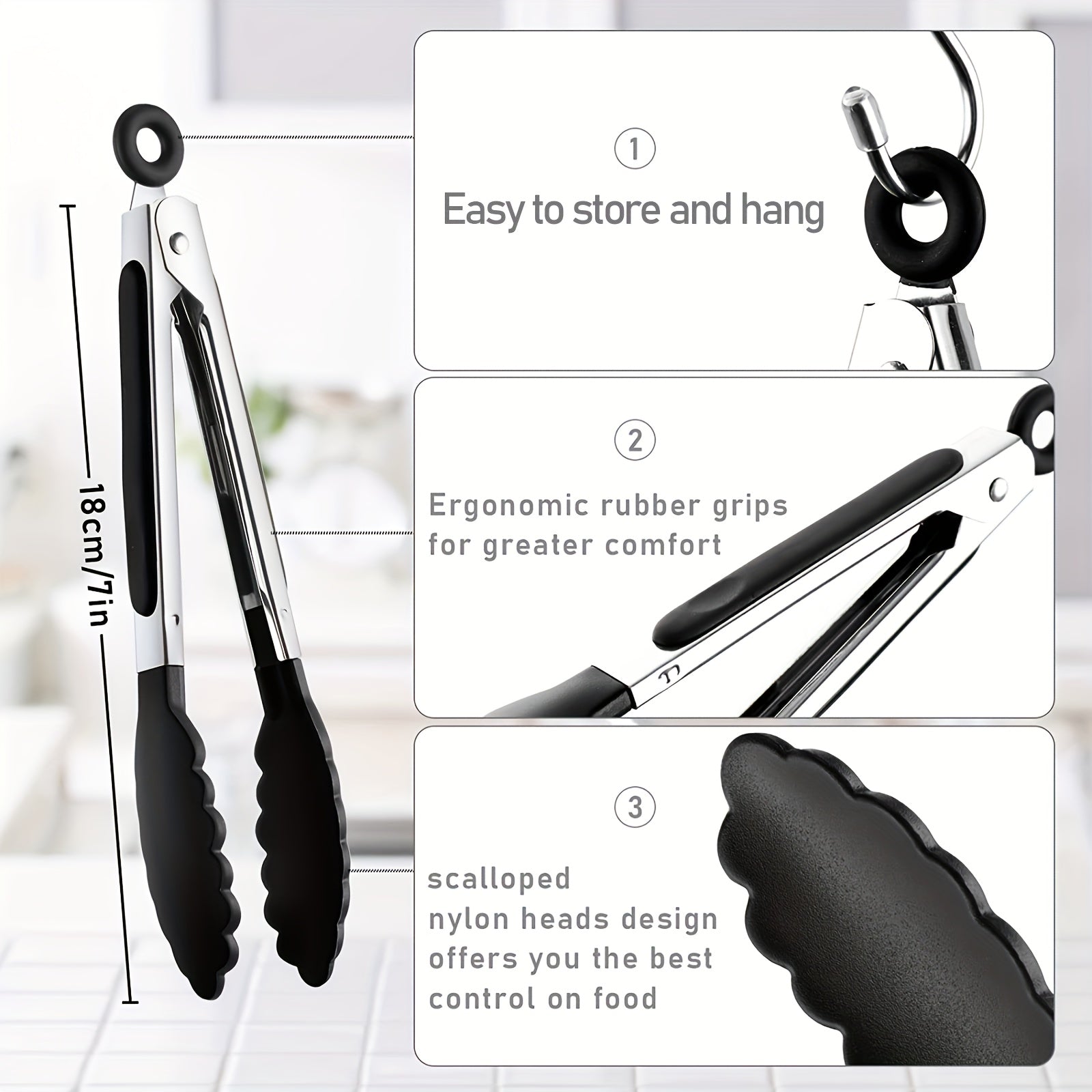 3pcs / 7pcs Kitchen Tongs, 7 Inch Small Silicone Tongs with Stainless Steel Silicon Handles and Nylon Tips, Heat Resistant Non-Stick Cooking Tongs, Mini Locking Food Tongs for Cooking Salad Grilling and Frying