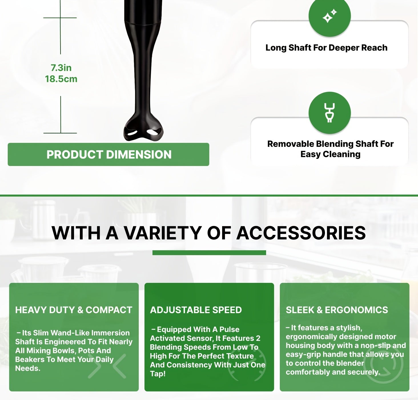 WANVOAPLS 2-Spoed Handheld Immersion Blender - Afneembare Skag vir Maklike Skoonmaak - Ophanglus vir Berging - Elektriese Handmenger vir Sop, Smoothies, Souse, Babakos, Melkskommels, Puree - Kompakte Kombuisstaafmenger vir