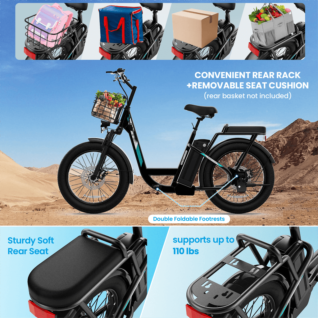 Peak 750W Adults Adjustable Electric Scooter with Seat & Basket, Rated 500W, 48V 7800mAh Lithium Battery, 25 Miles Range & 20 MPH Top Speed Commuting Electric Scooter, 20X3 inch Off-Road Tires, With LCD Display & Dual Seats,