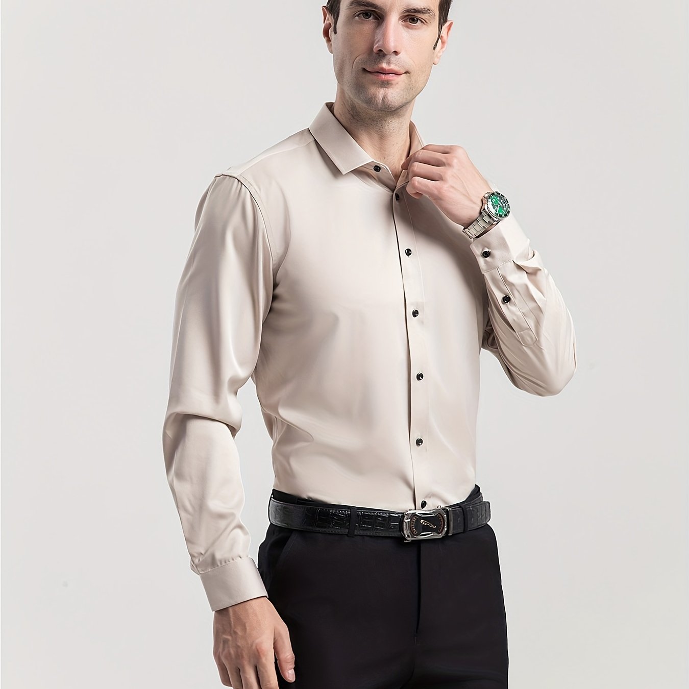 Men'S Stretch Slim-Fit Formal Shirt Without Pockets, Light Business Turn- Collar Long-Sleeved Shirt, Men'S Business Shirt, Wrinkle-Resistant And Durable Solid Color Formal Long-Sleeved Shirt with Buttons And Pockets, Suitable