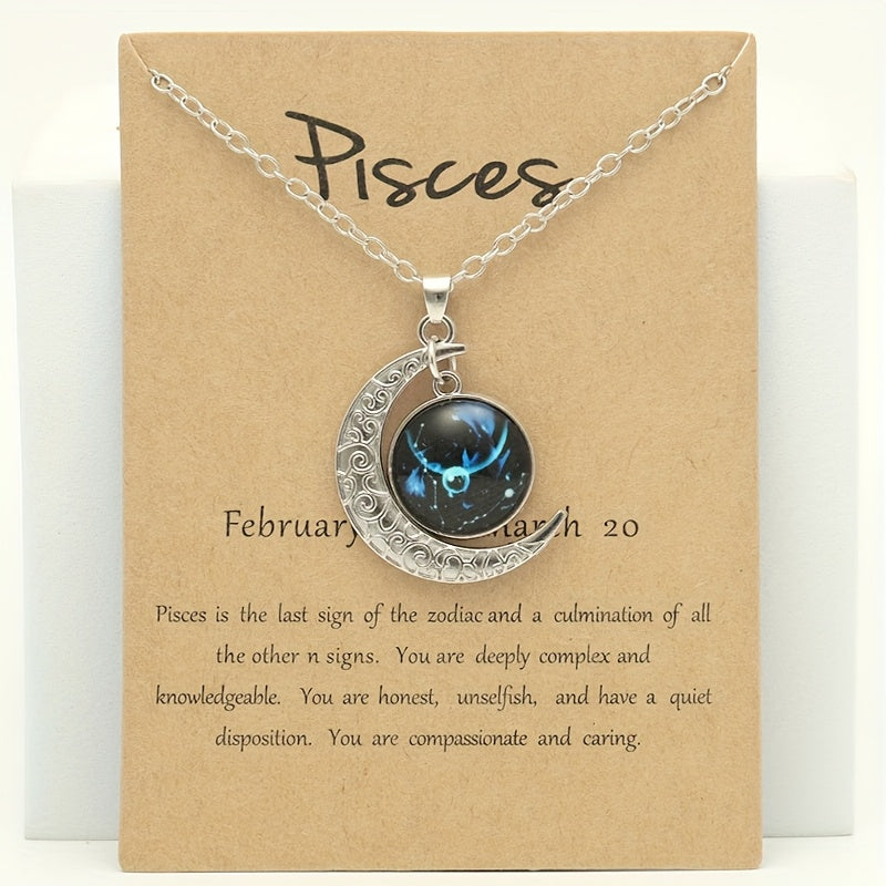 Glow-in-the-Dark Zodiac Necklace with Vintage Moon Pendant - Stylish Aquarius/Sagittarius/Leo/Leprechaun/Night & Sun Signs, Colorful Glass Charms, Zinc Alloy, Perfect Gift for Men