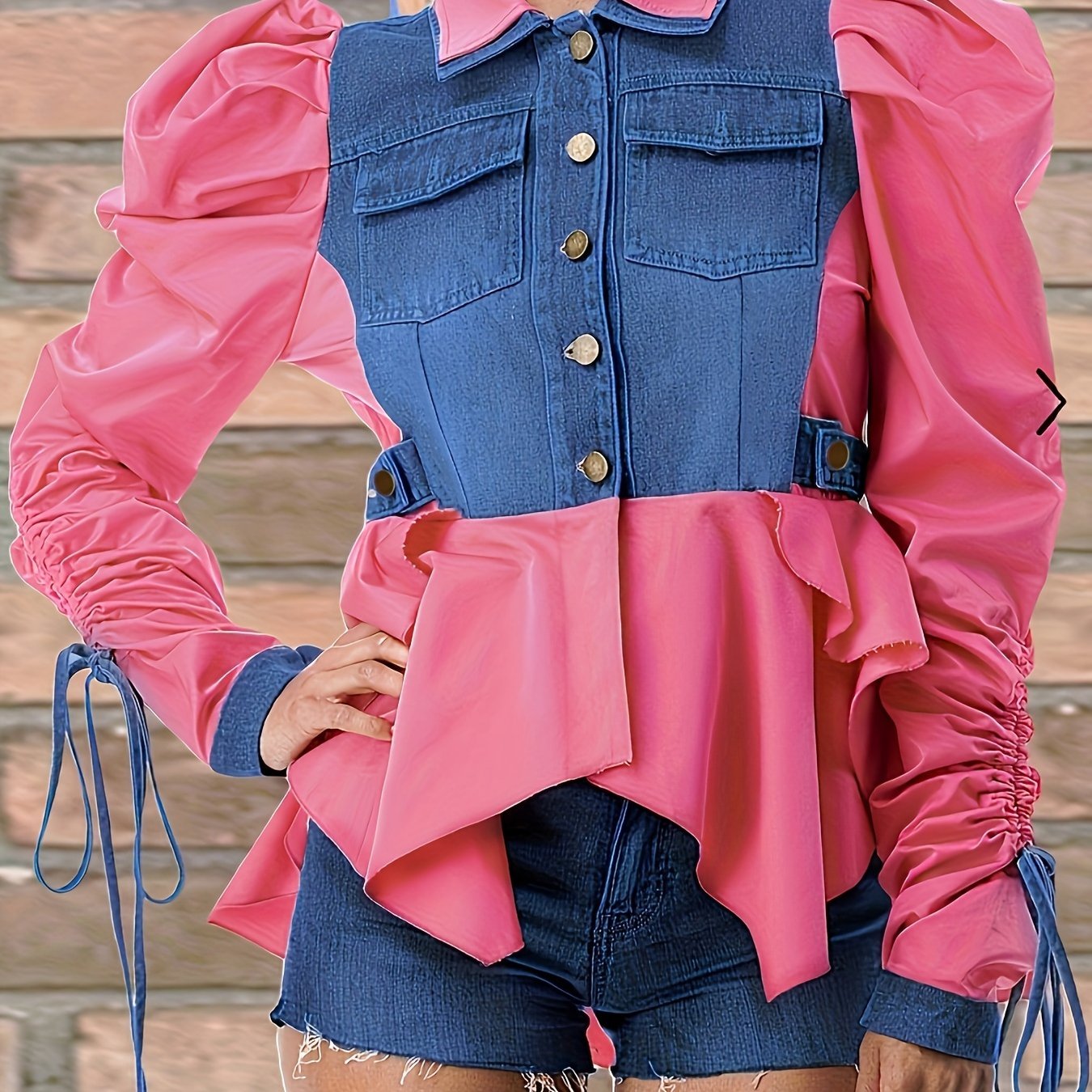 Women's Stylish and Elegant Denim Patchwork Long-Sleeve Open Front Shirt, Fashionable Camouflage Style for All-Season Casual Attire, Versatile Top, Allseason Clothing, Trendy Camouflage, Patchwork Design, Nonstretch Material,