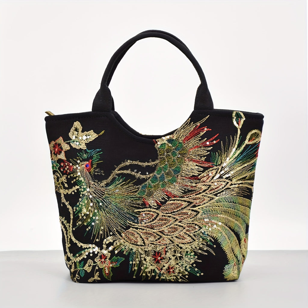 Wo 'S Embroidered Satchel Bag, Fashion Double Handle Purse, Retro Style Handbag with Removable Strap