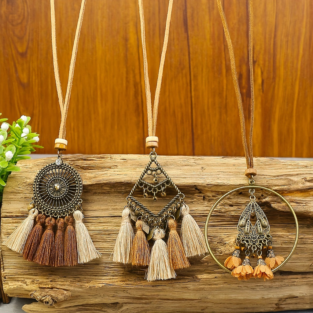 3pcs Ethnic Style Women's Fashion Pendant Necklace Set with Floral Tassel Pendant, Bronze Enamel Drip Zinc Alloy with Glass Rhinestone Inlay, Vintage Necklace