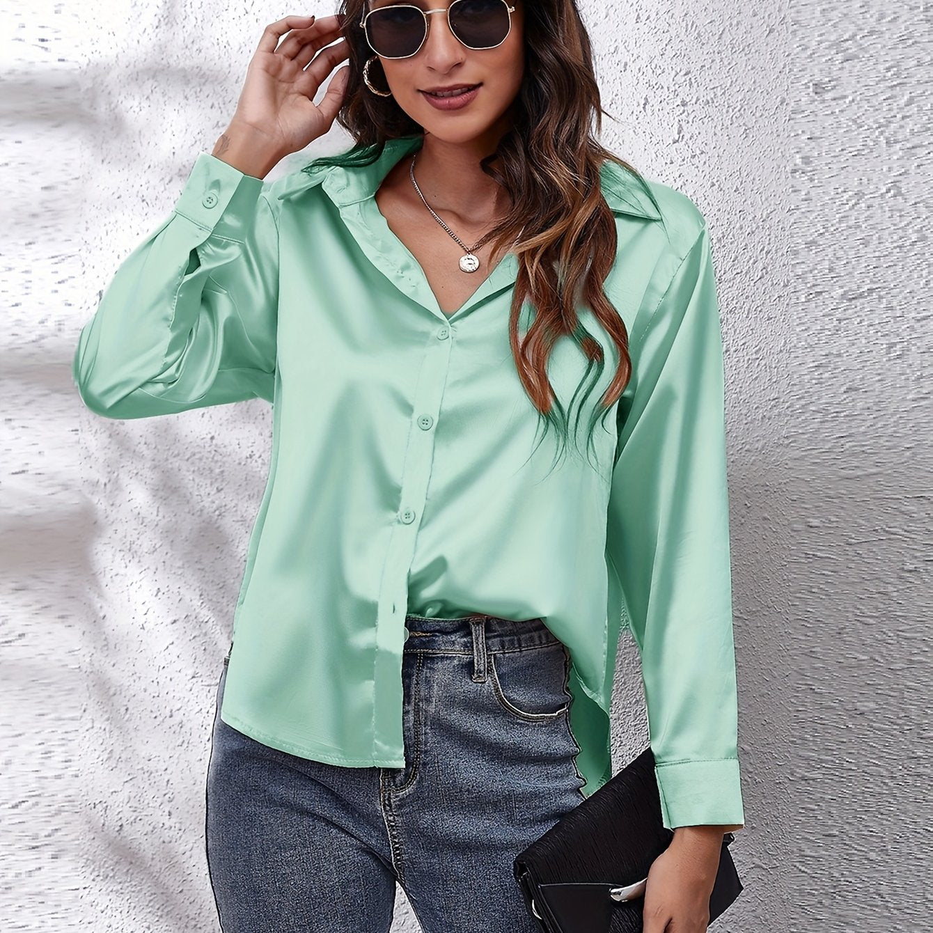 Hot Style In-Kind Shooting Satin Shirt Women'S Satin Imitation Long-Sleeved Shirt New European And American Cross-Border Women'S Clothing