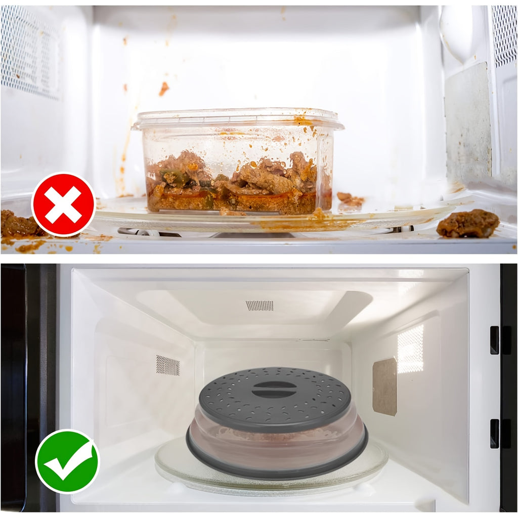 1pc Collapsible Microwave Food Cover, BPA Free TPR, 10.5 Inch, Round With Handle, Microwave Plate Protector Cover With Steam Vent And Strainer, For Fruit (Grey)